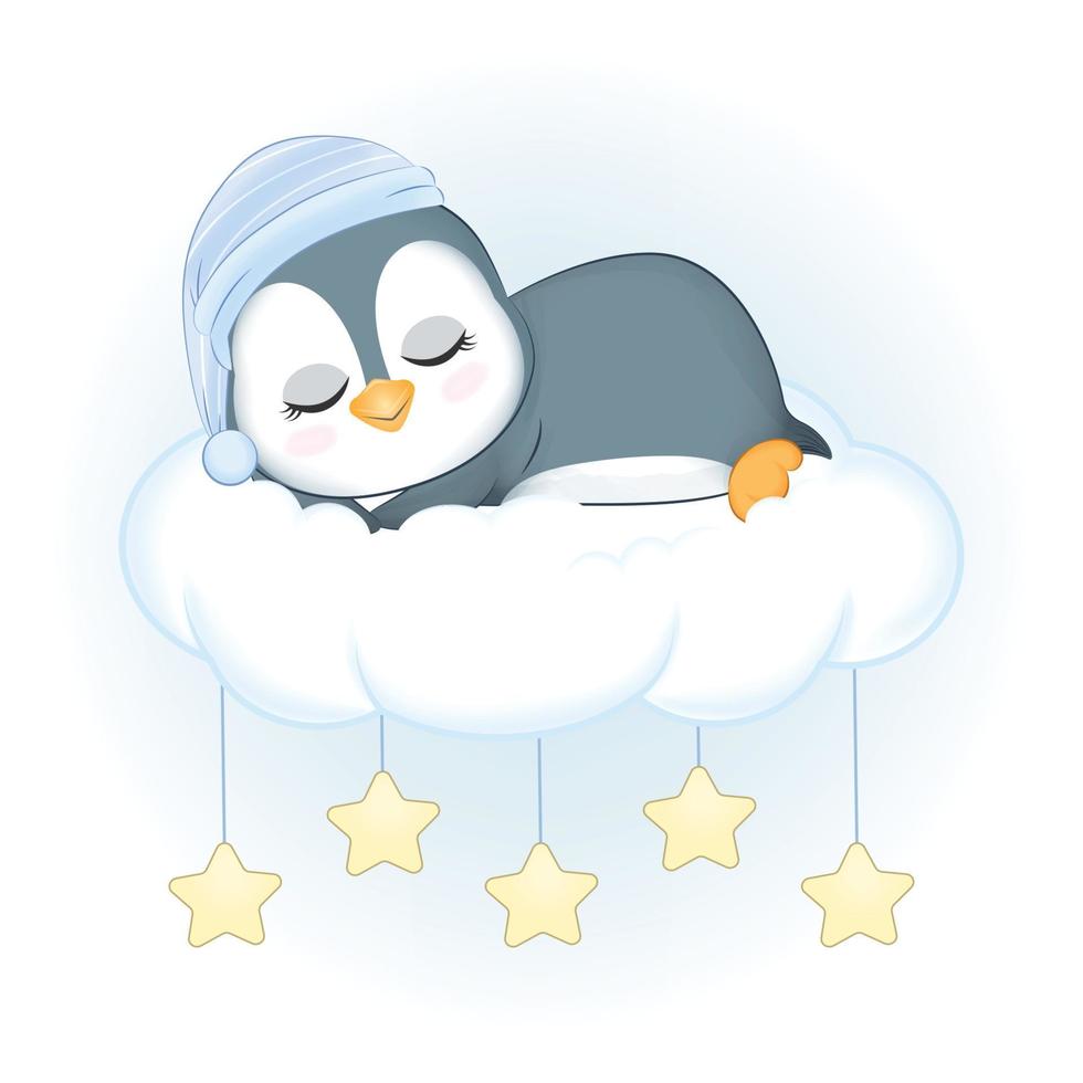 pequeño pingüino lindo durmiendo en la nube vector