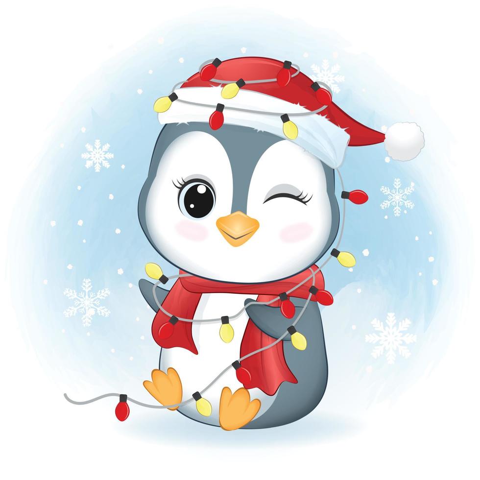 Cute Penguin and Bulb Christmas. Christmas season illustration. vector