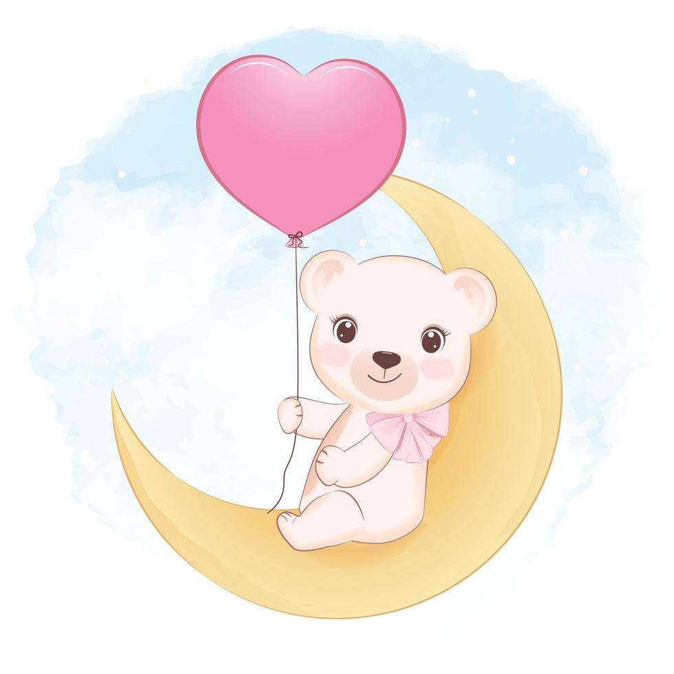 Cute Teddy Bear and heart balloon on the moon, valentine's day concept illustration vector