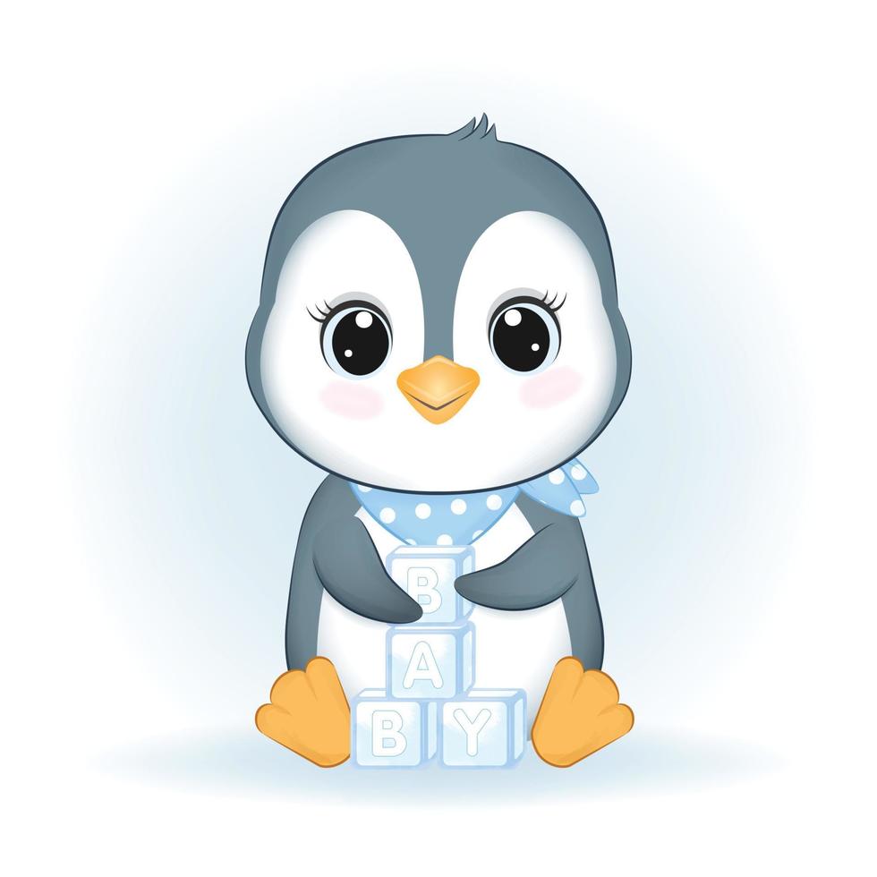 Cute little Penguin and baby toy, animal cartoon illustration vector