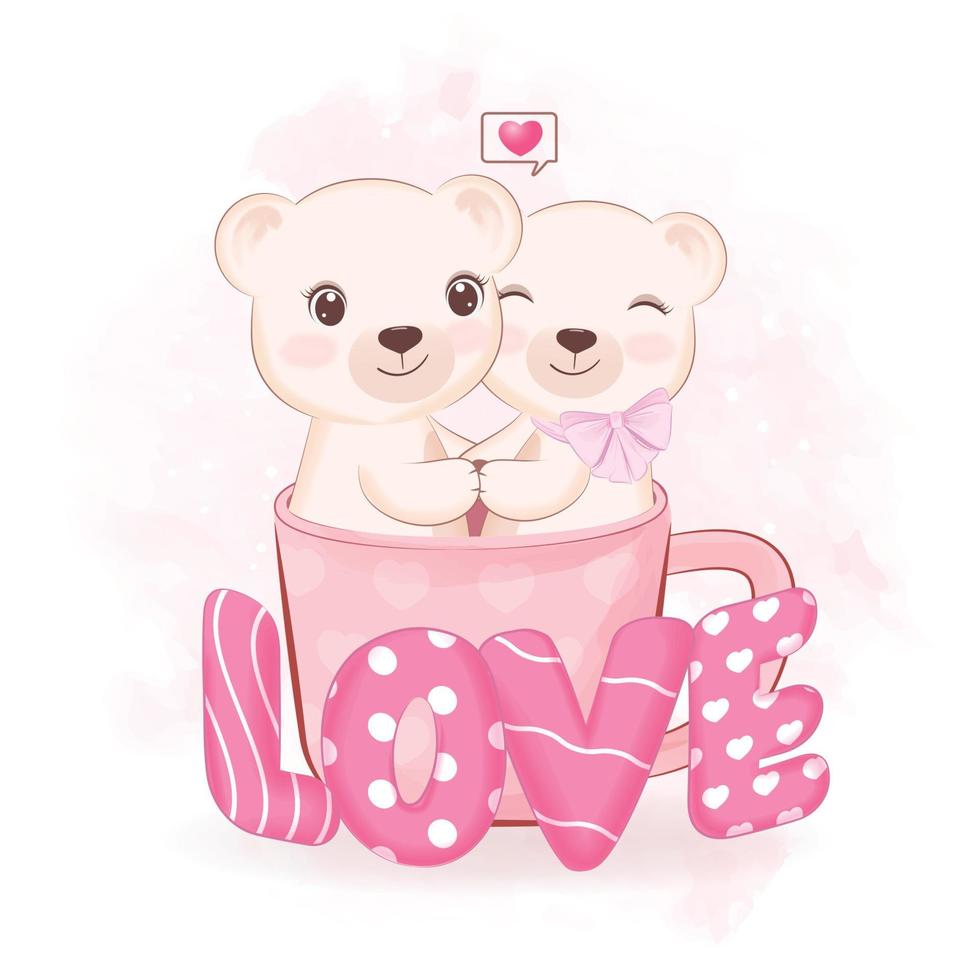 Cute Couple Bear in coffee cup Valentine's day concept illustration vector