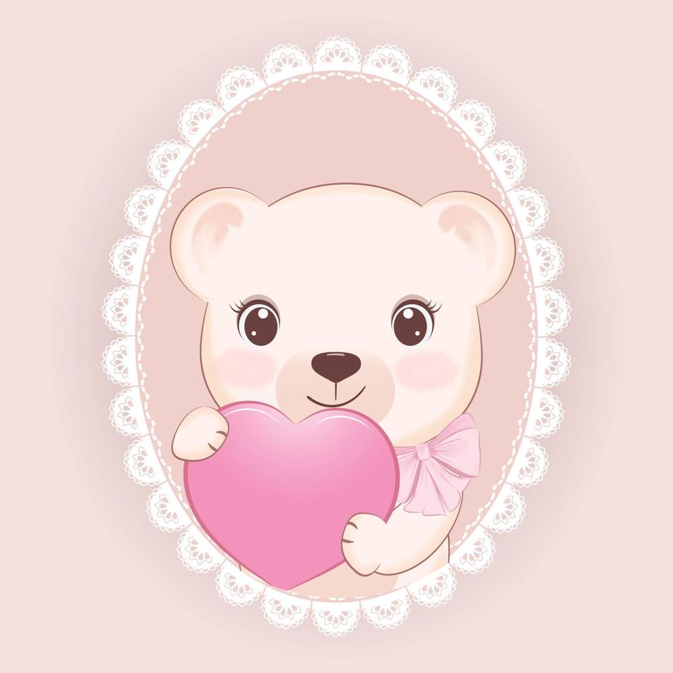 Cute Teddy Bear and heart in oval lace frame, valentine's day concept illustration vector