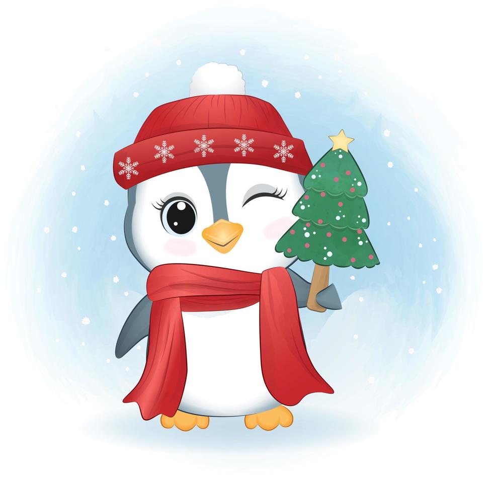 lindo pingüino y árbol de navidad. ilustración de la temporada navideña. vector