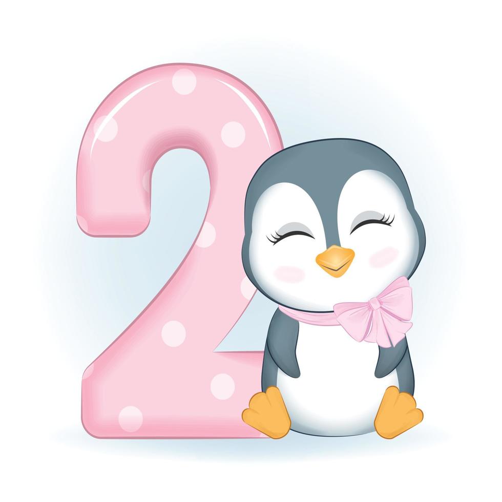 Cute Little Penguin and number 2 vector