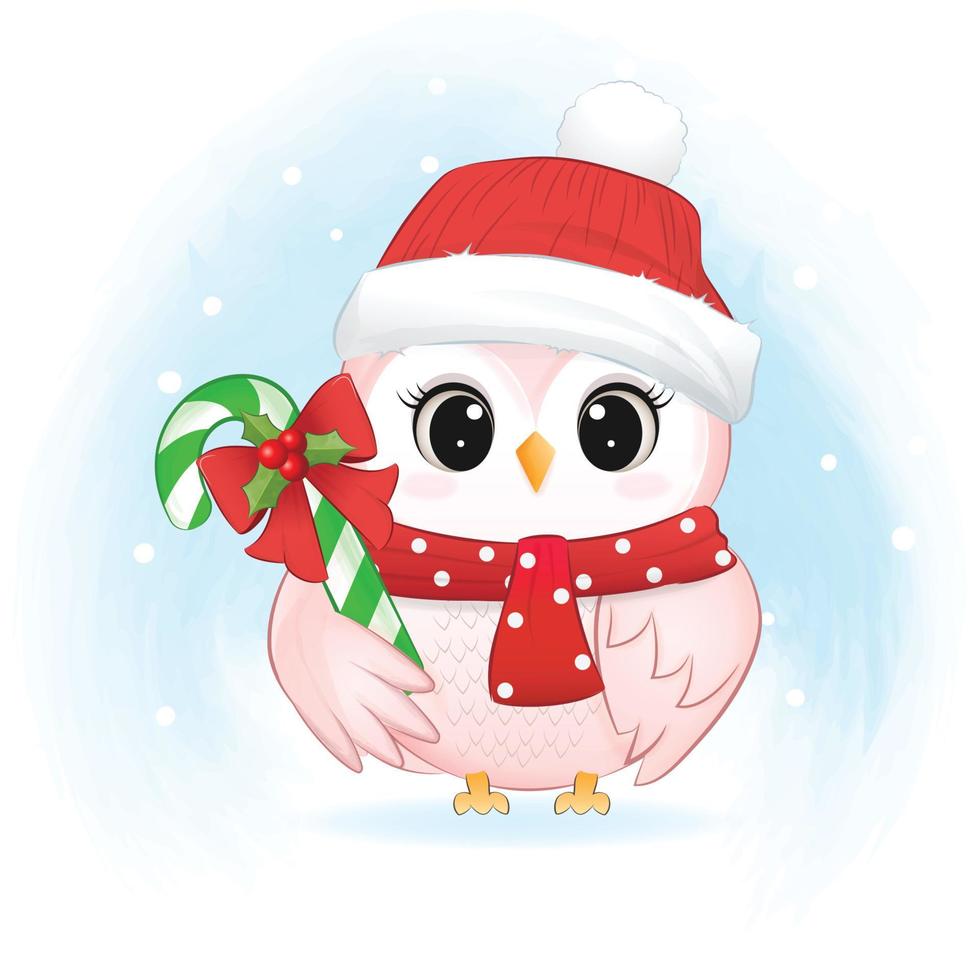 Little Owl and candy cane. Christmas season illustration. vector