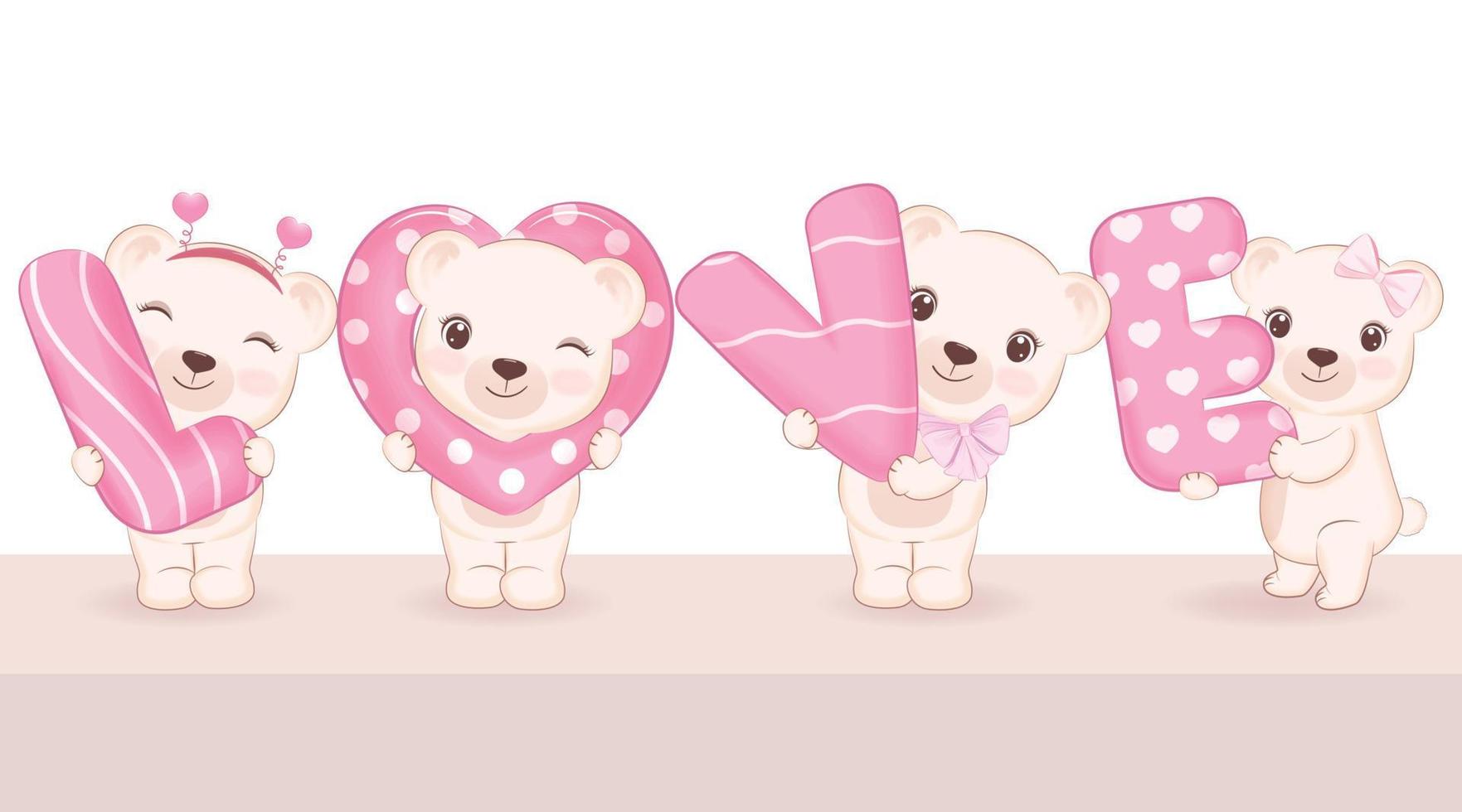 lindo oso de peluche con amor alfabético, concepto de día de san valentín vector