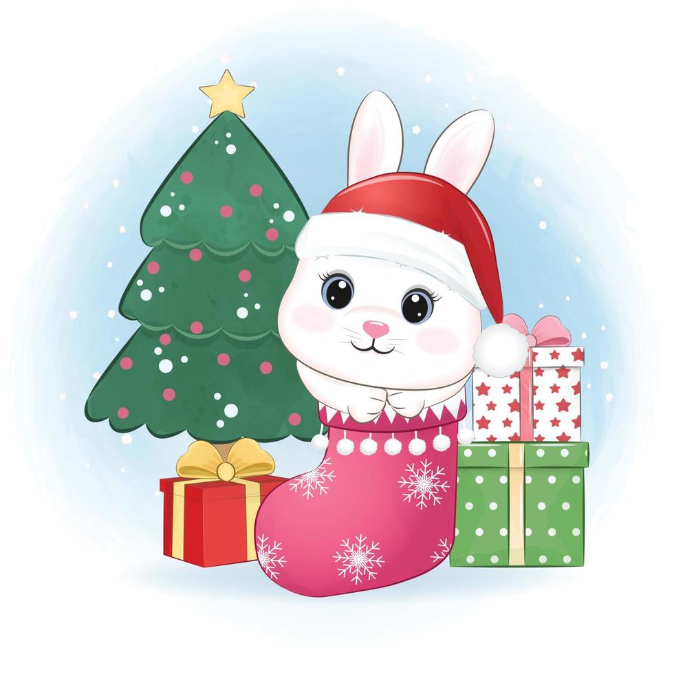 Little Rabbit in the sock and Gift boxes. Christmas season illustration vector