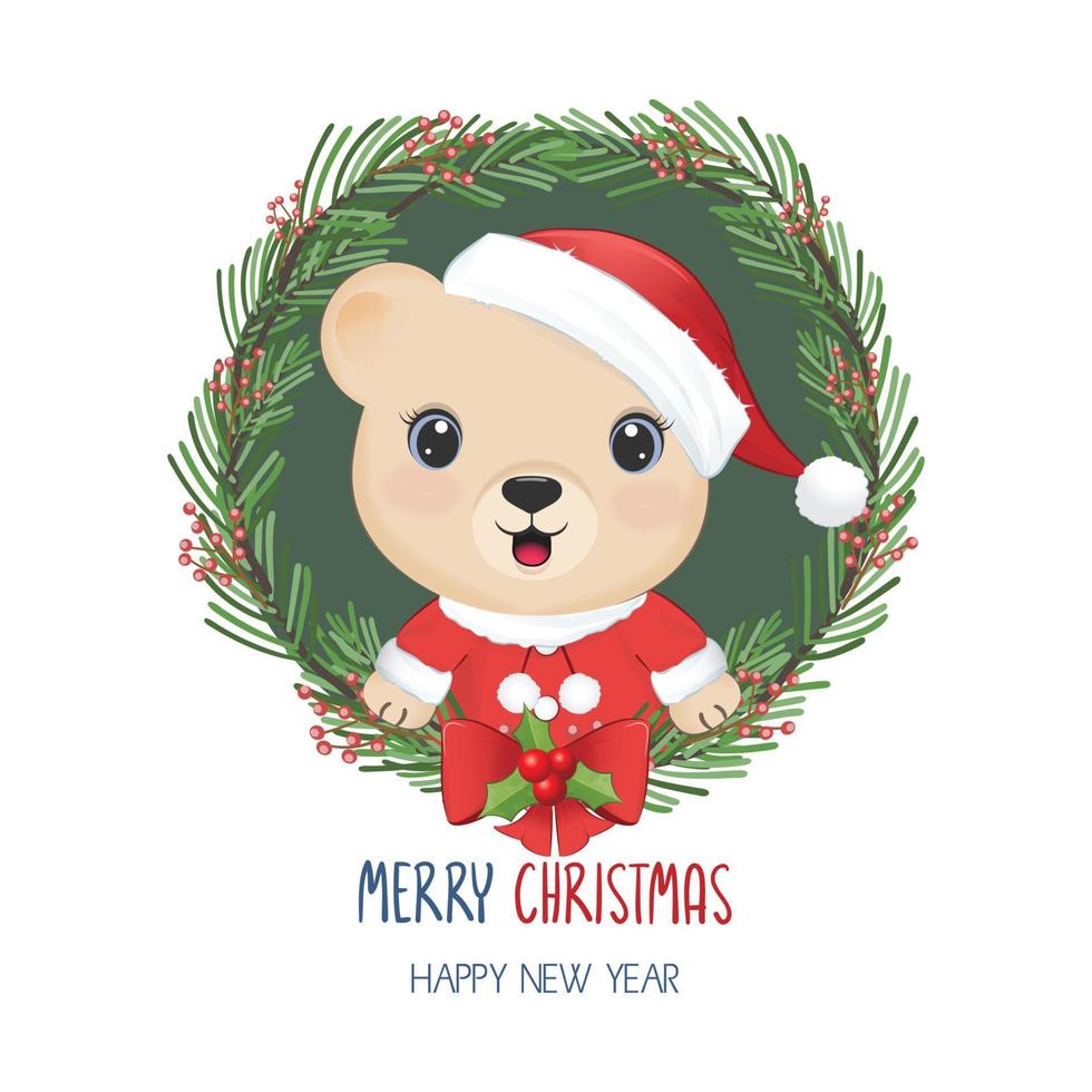 lindo oso y corona de navidad. ilustración de navidad y año nuevo vector