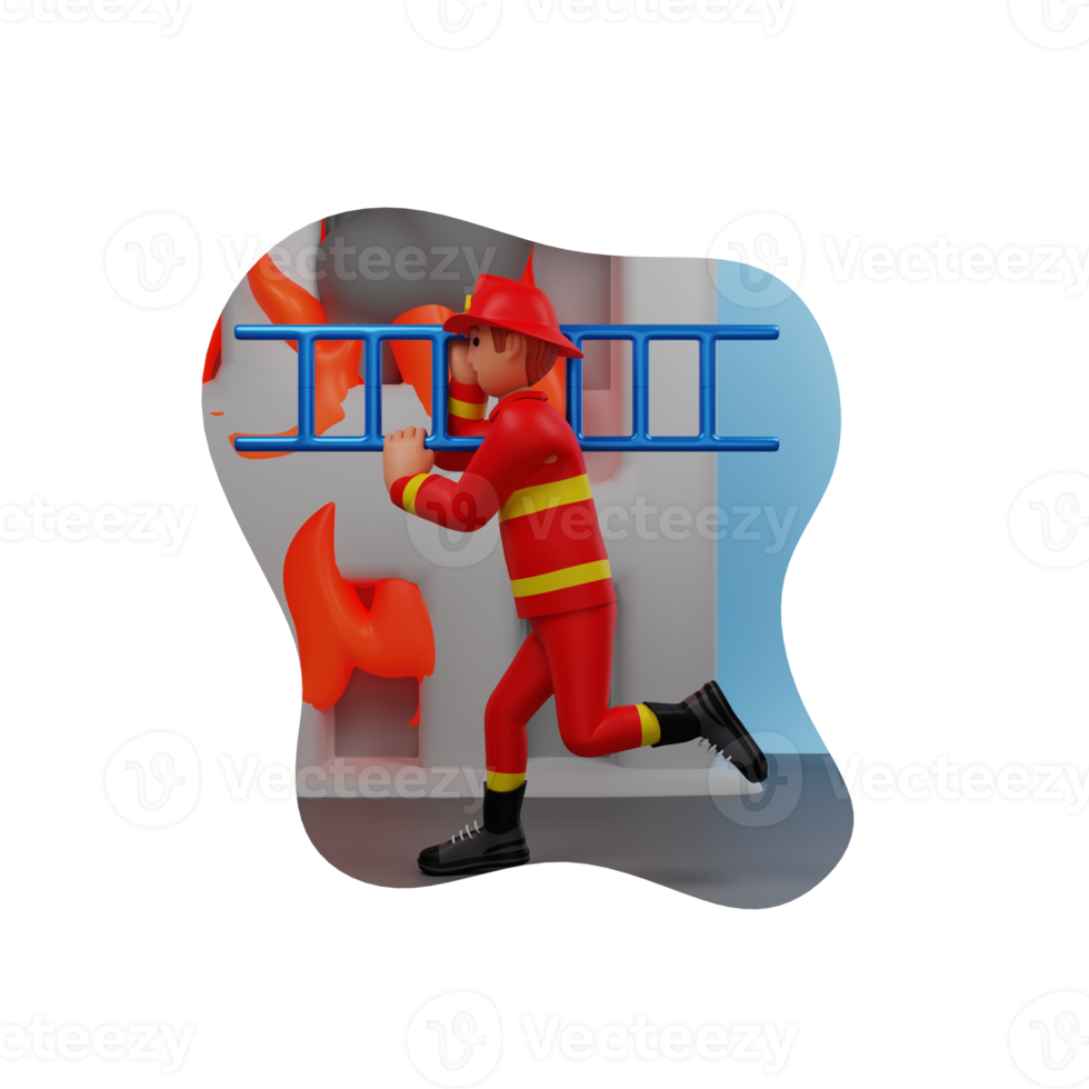 brandweerman rennen voor evacuatie noodgeval gebruik makend van ladder, 3d karakter illustratie png