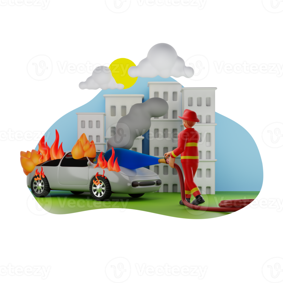 Firefighter Watering Down Fire On A Car 3D Character Illustration png