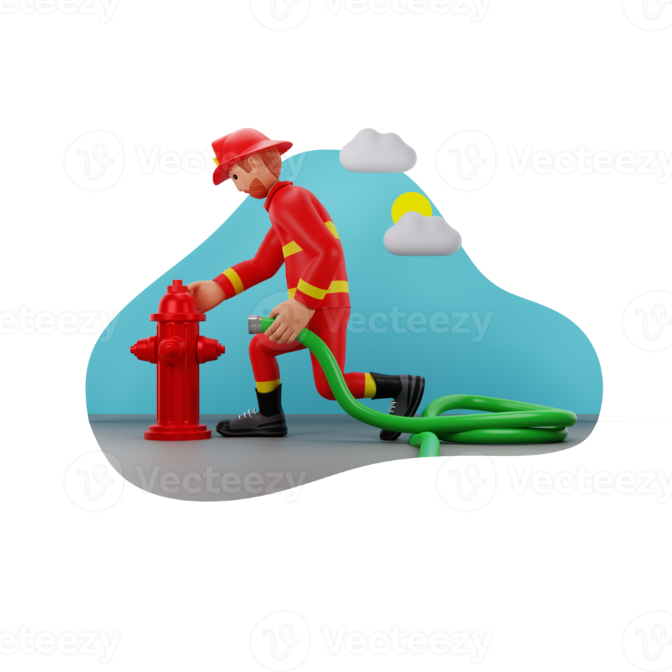 brandweerman passend pijp in hydrant, 3d karakter illustratie png