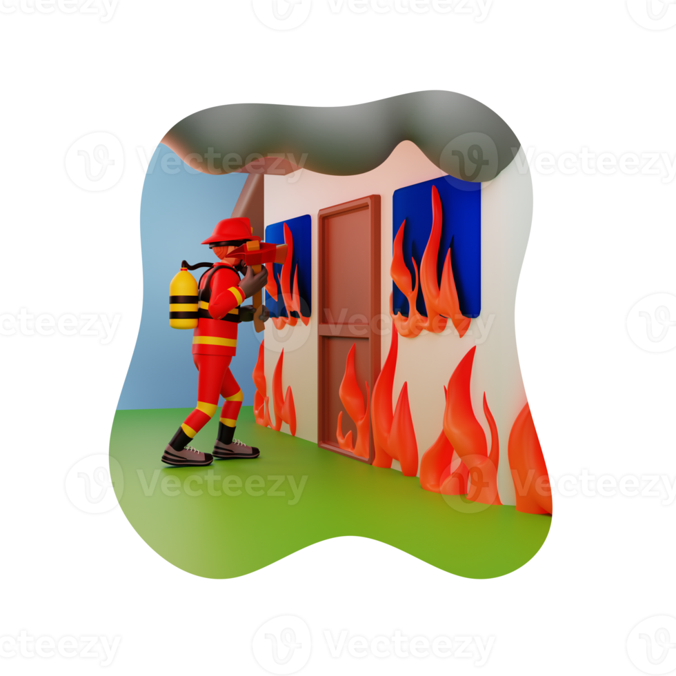 brandweerman breken door gebruik makend van bijl, 3d karakter illustratie png