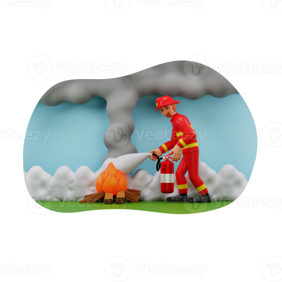 pompiers éteignant le feu à l'aide d'un extincteur, illustration de personnage 3d png