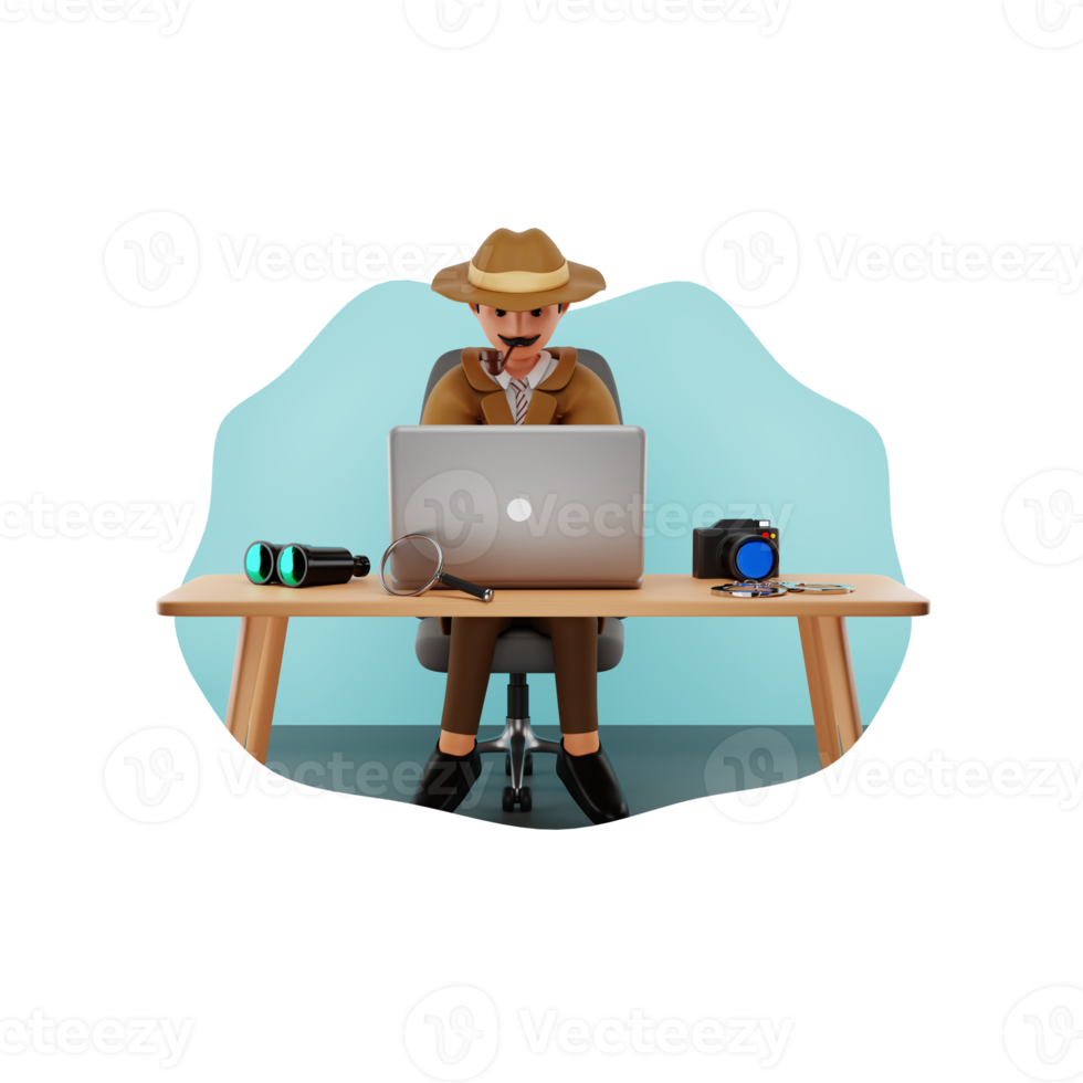 Secret Agent Working Using Laptop 3D Character Illustration png