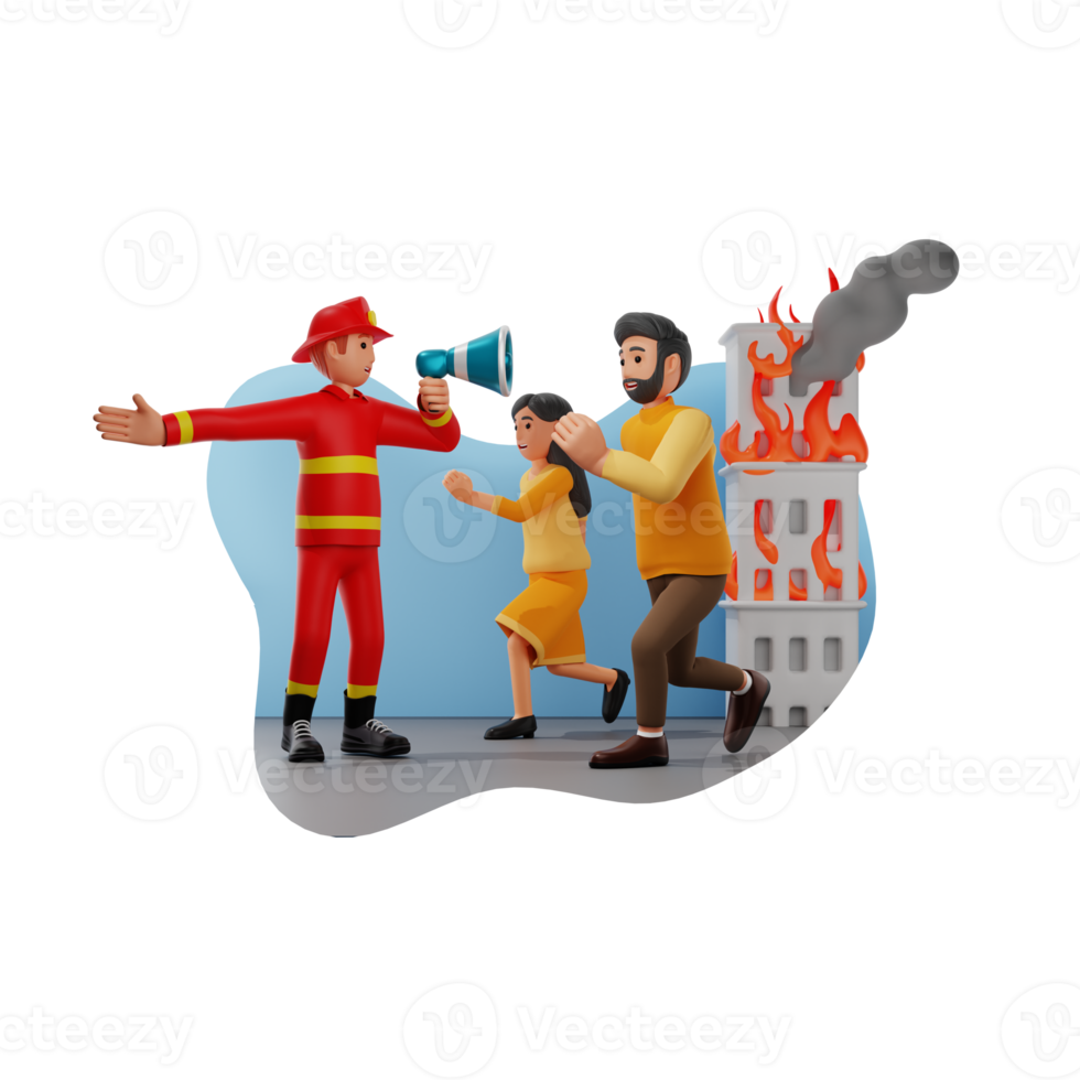 Fireman Guiding People Towards Safe Way During Fire Emergency 3D Character Illustration png