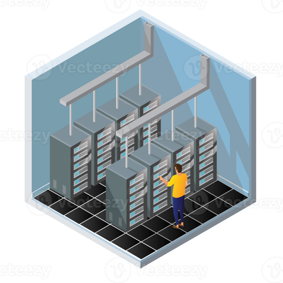 test de diagnostic isométrique dans une salle informatique serveur. test du serveur en salle. serveurs testés en salle. communications technologiques. bonhomme allumette infographie png