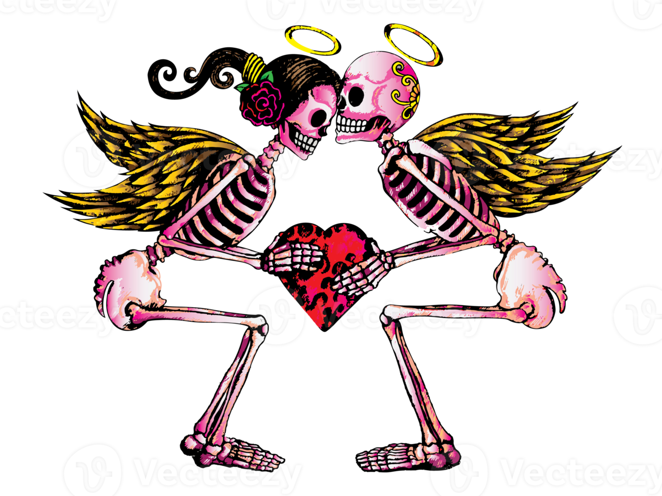 Art couple in love angel skulls. Hand drawing and make graphic. png