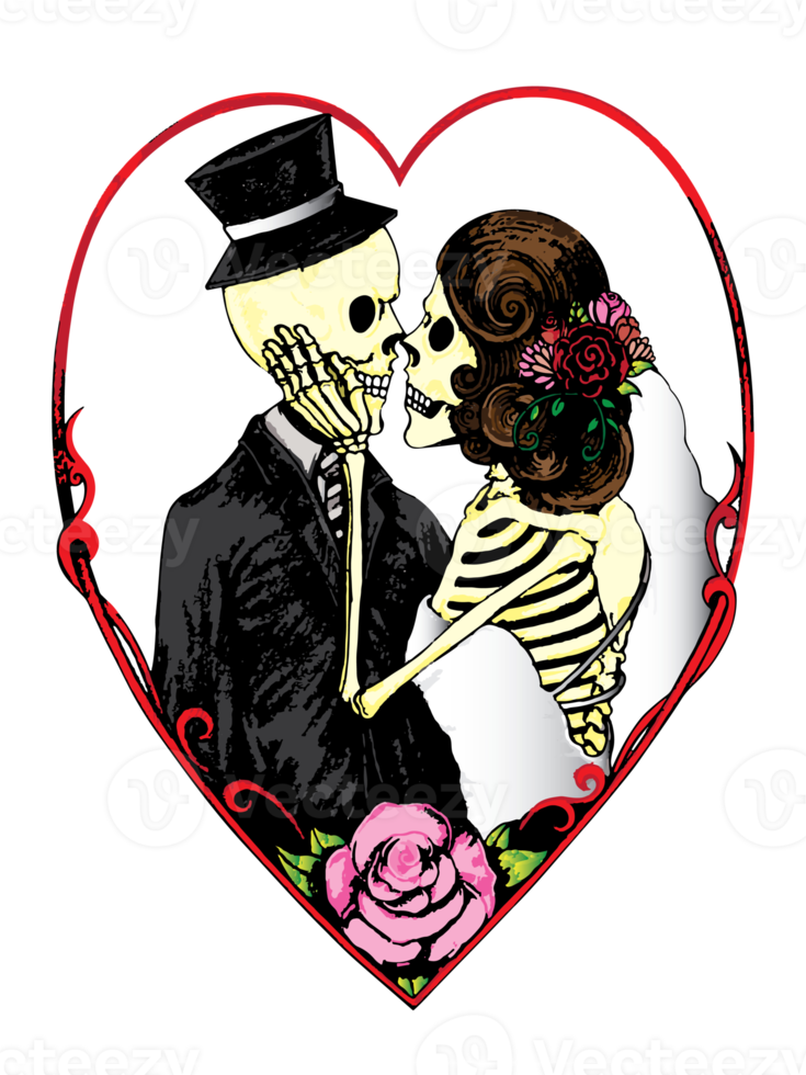 Art couple wedding skulls. Hand drawing and make graphic. png