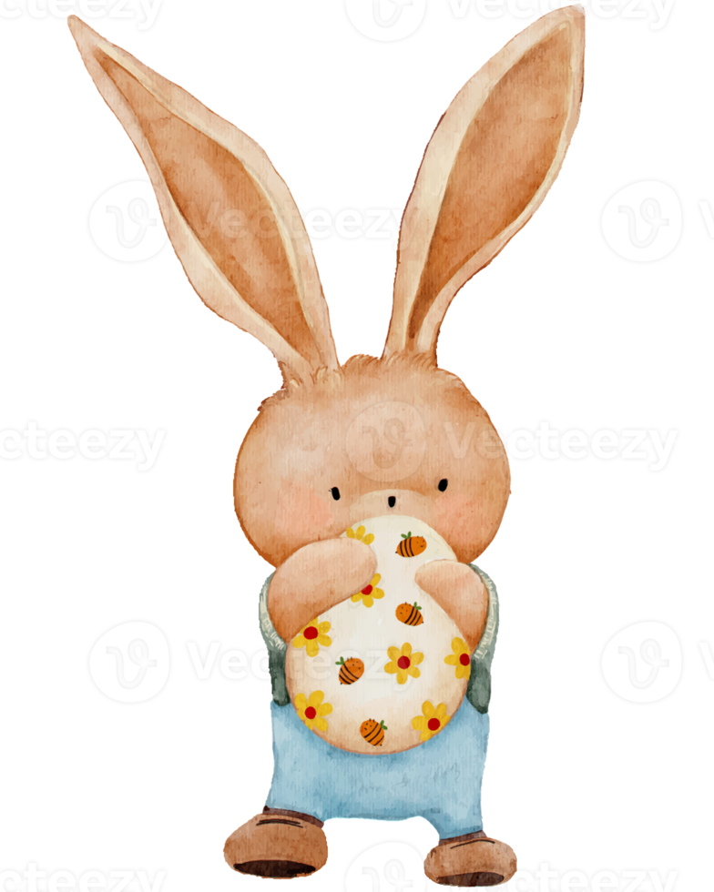 Cute Rabbit holding Easter Egg Waterolour hand paint,Cartoon hand drawn Bunny,Hare character element for Easter greeting card, Spring,Summer poster, illustration png