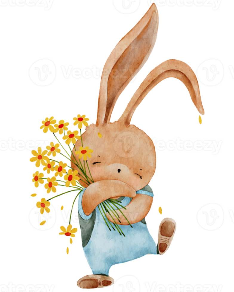 Cute Rabbit holding flower Waterolour hand paint,Cartoon hand drawn Bunny,Hare character element for Easter greeting card,Spring,Summer poster,Vector illustration png