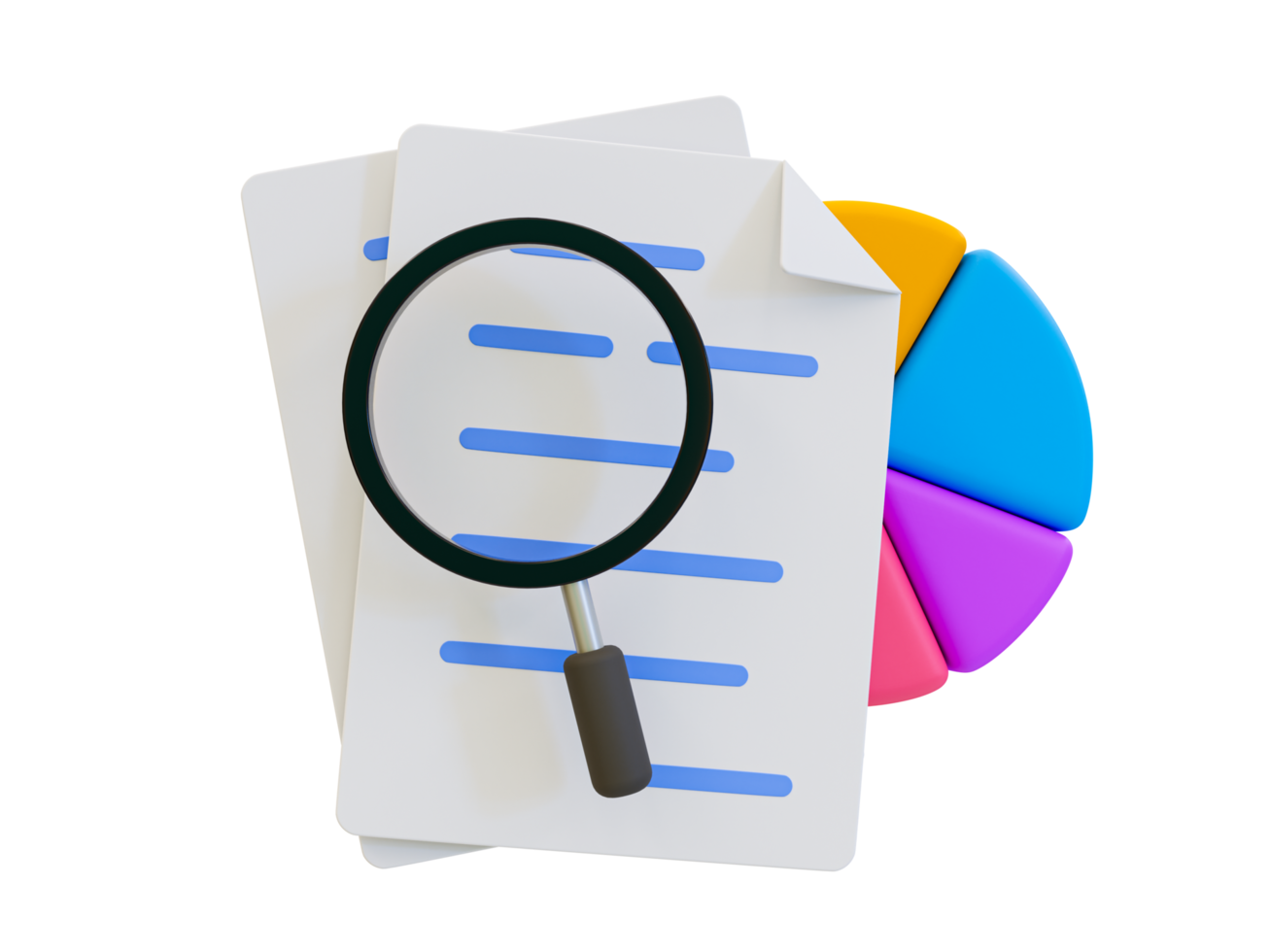 3d minimal paper work with a magnifying glass and pie chart. 3d illustration. png