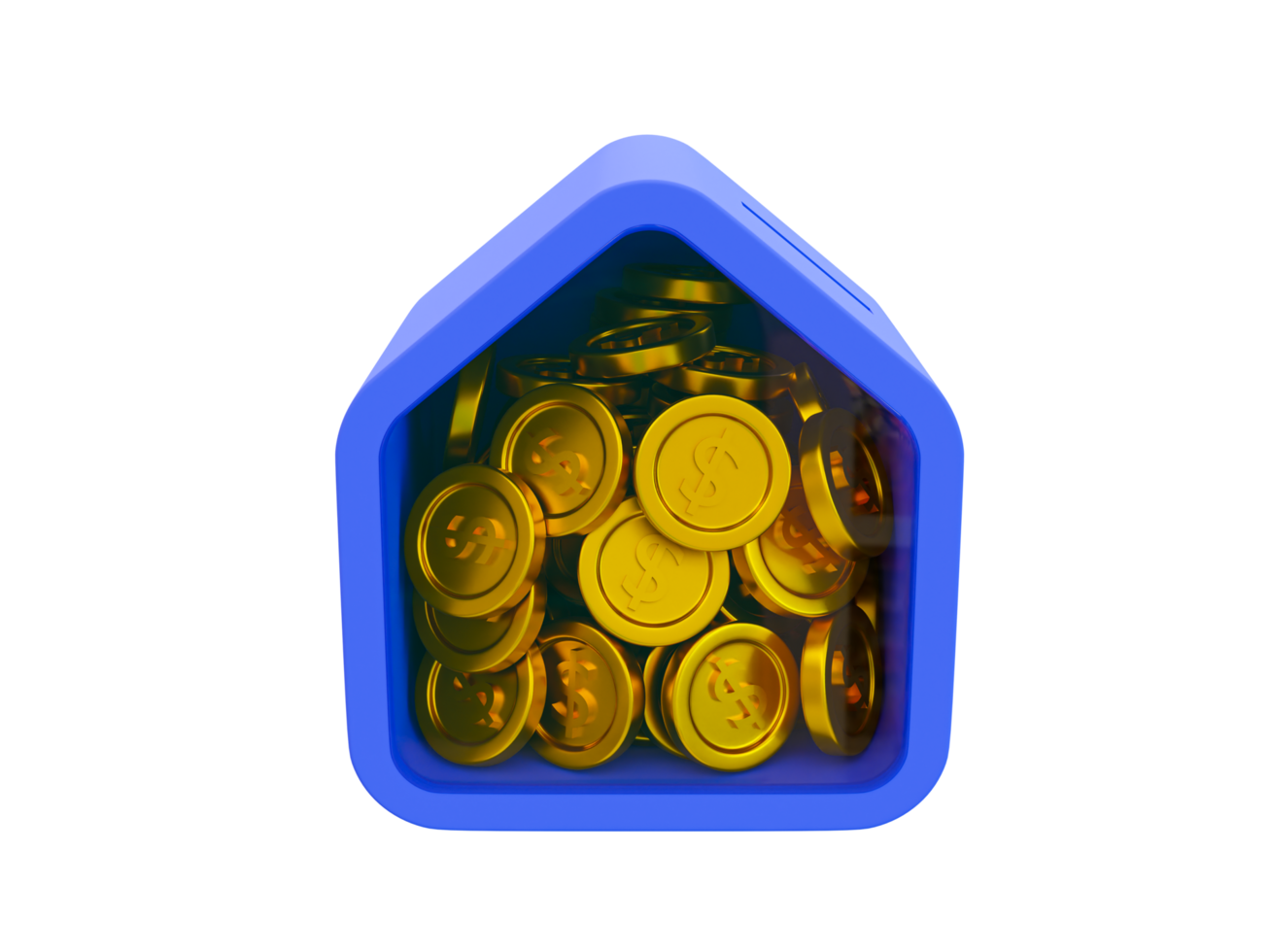 Cofrinho de casa mínima 3d. forma de casa com moedas. ilustração 3D. png