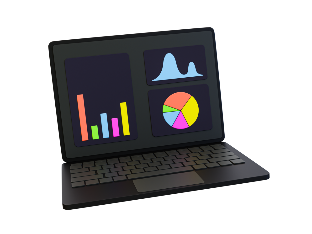 Minimaler 3D-Laptop mit Statistikdiagramm. Trading-Charts. Börsenprognose. 3D-Darstellung. png