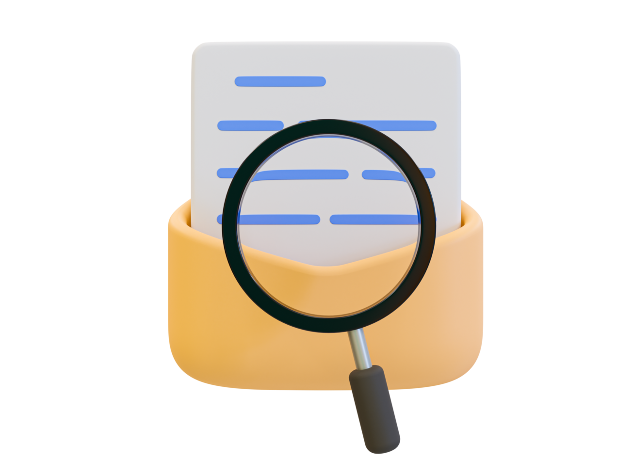 3d minimaal het dossier analyse. document controleren. envelop met een brief en vergroten glas. 3d illustratie. png