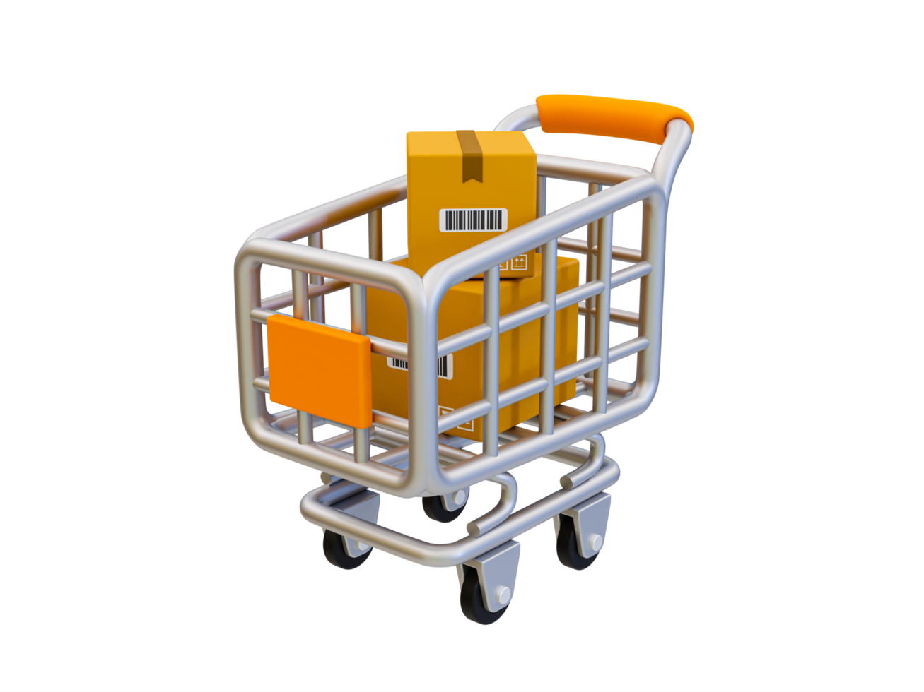 Carro de compras mínimo 3d con cajas de cartón. ilustración 3d png