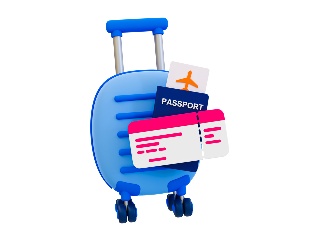 3d minimal Luggage with a passport, airplane ticket, and credit card. Holiday travel trip. 3d illustration. png