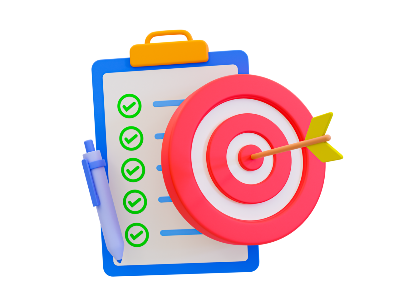 3d minimal clipboard with a dartboard and an arrow hit at the center. goal achievement. 3d illustration. png