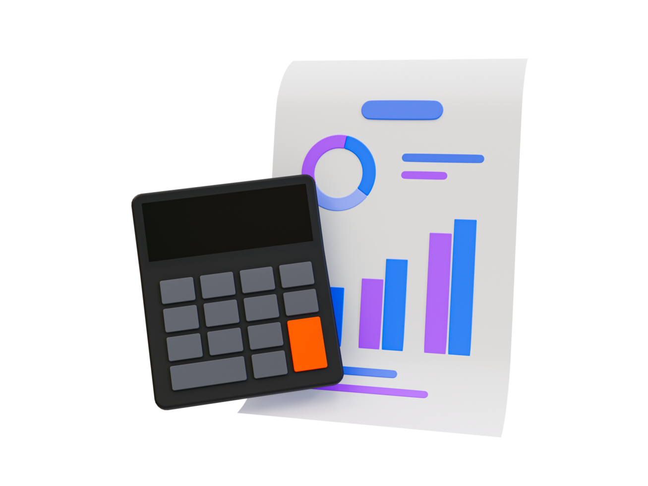 Calculadora mínima 3d con un papel de gráfico estadístico. concepto de análisis de datos. ilustración 3d png