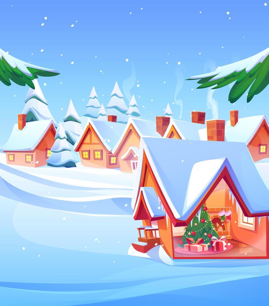 Winter village landscape, Christmas tree in house vector