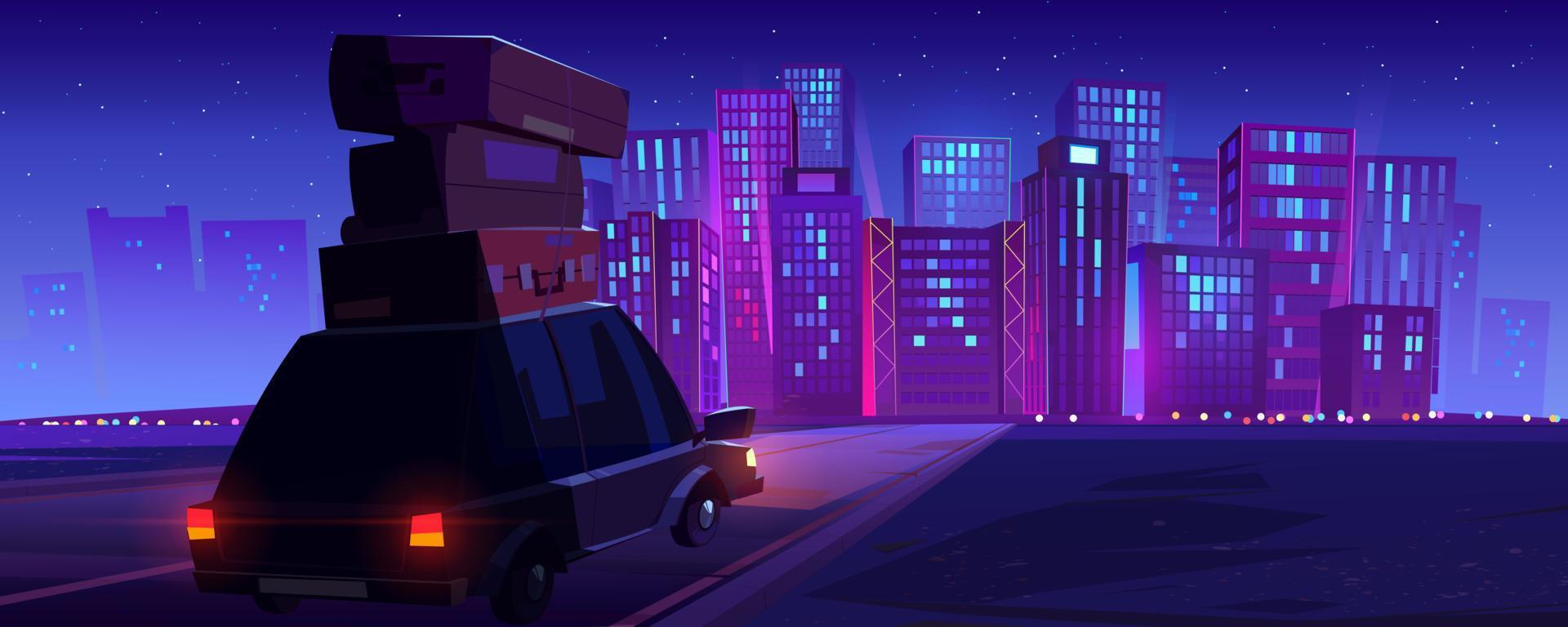 Car with baggage driving road to big city at night vector