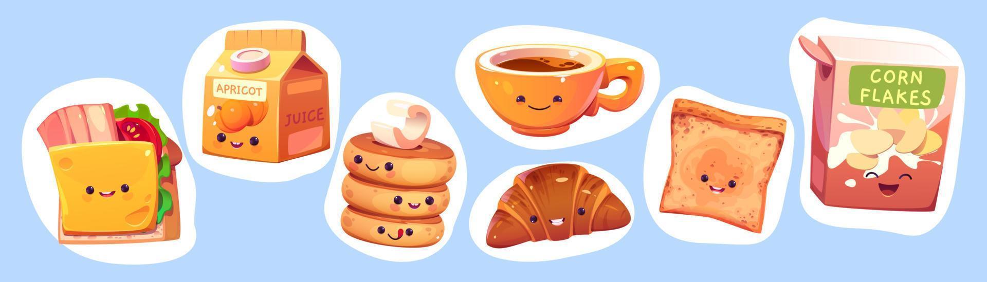 lindos personajes kawaii de comida para el desayuno vector