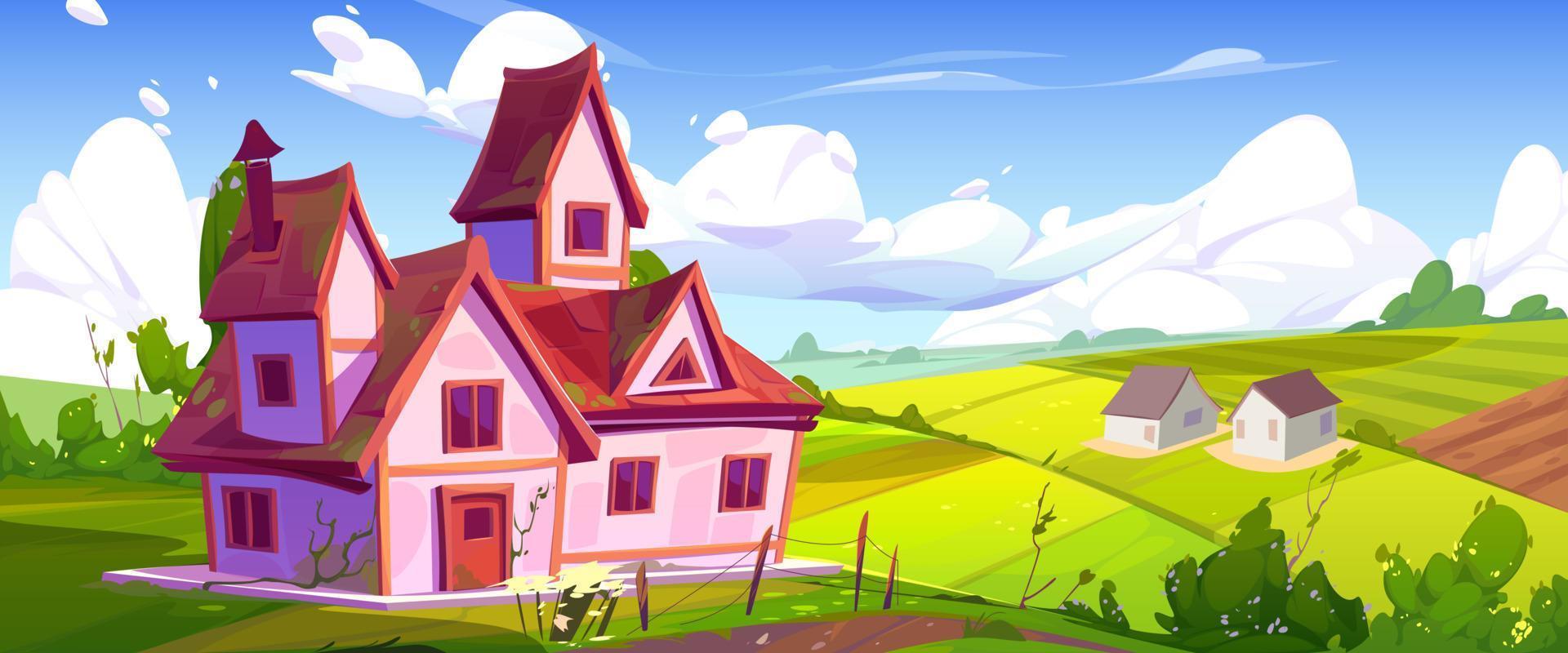 Summer countryside house, farm buildings, field vector