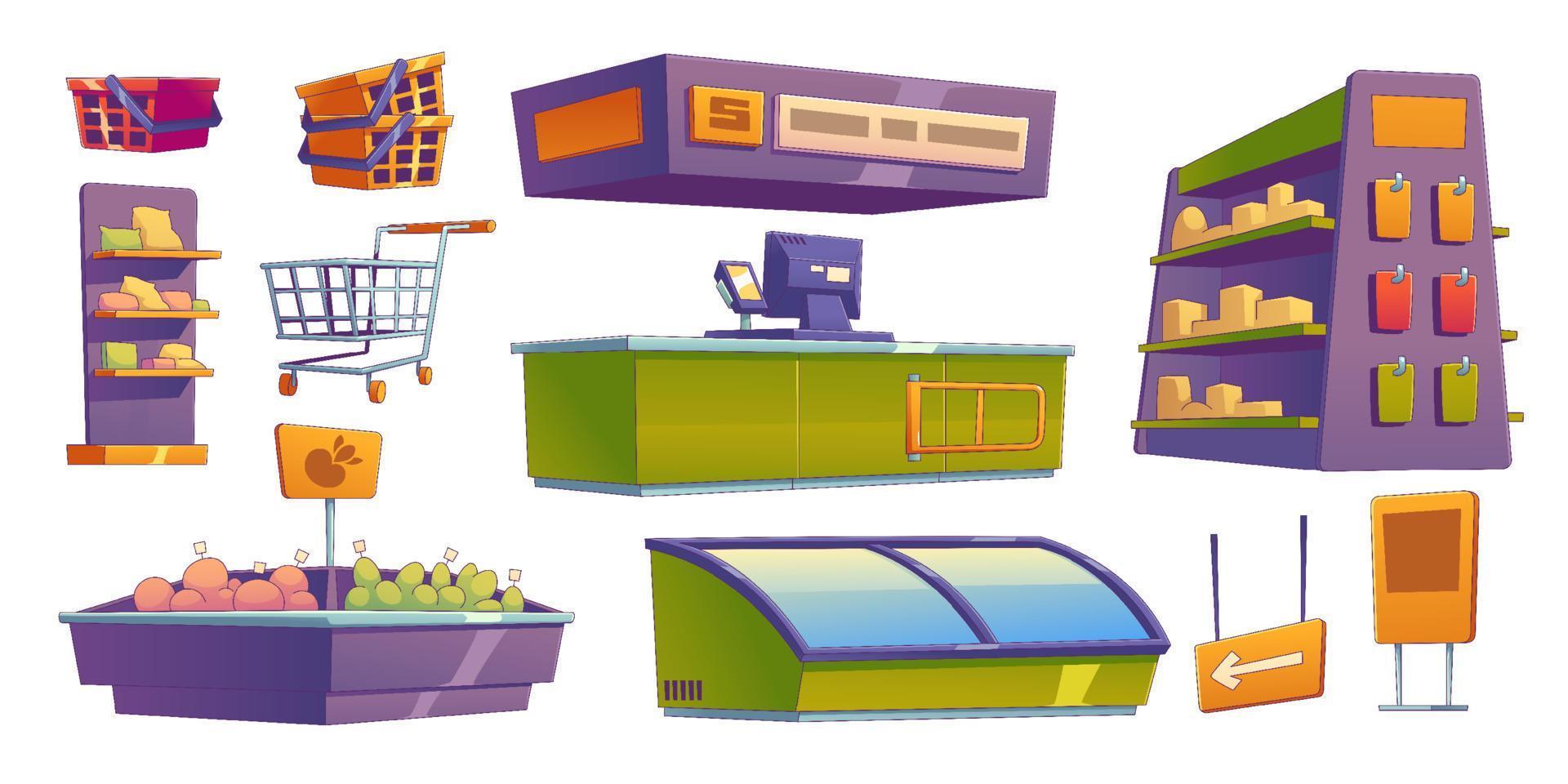 conjunto de muebles de diseño de interiores de supermercado vector