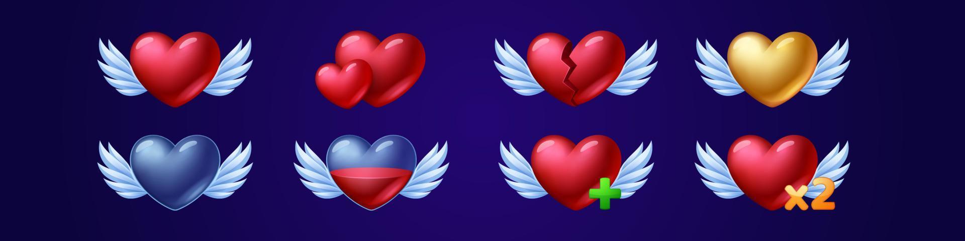 Set winged heart game icons, fill progress level vector