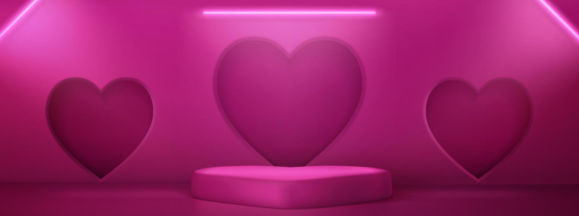 Pink heart shape podium with neon lamps vector