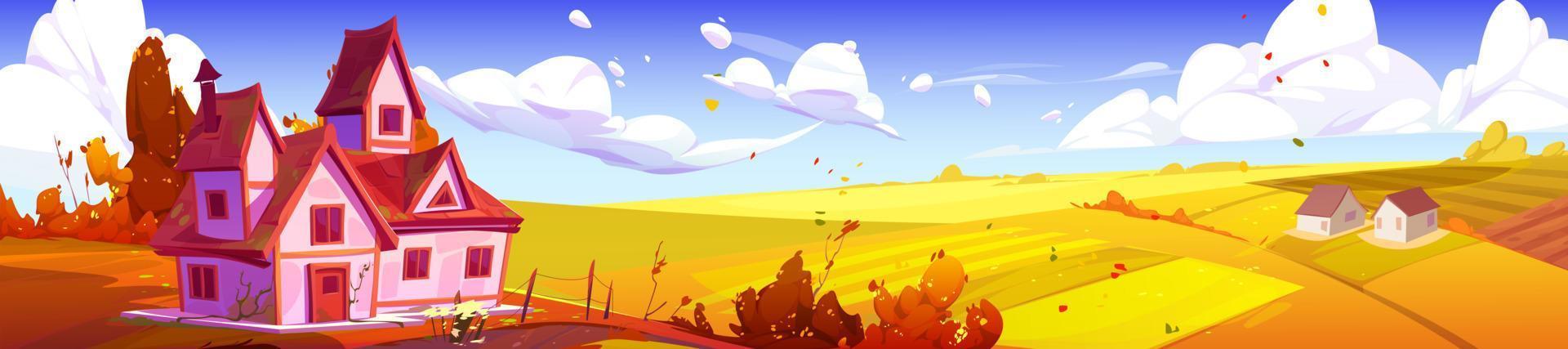 Autumn countryside house, farm buildings, field vector