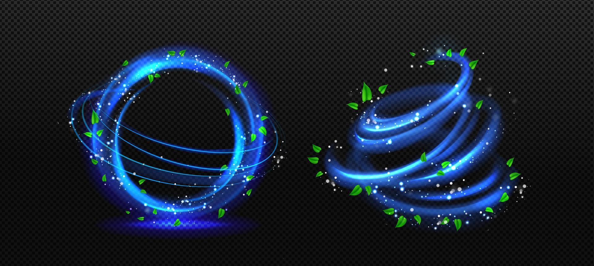 efecto de frescura, flujo de aire azul con hojas verdes vector