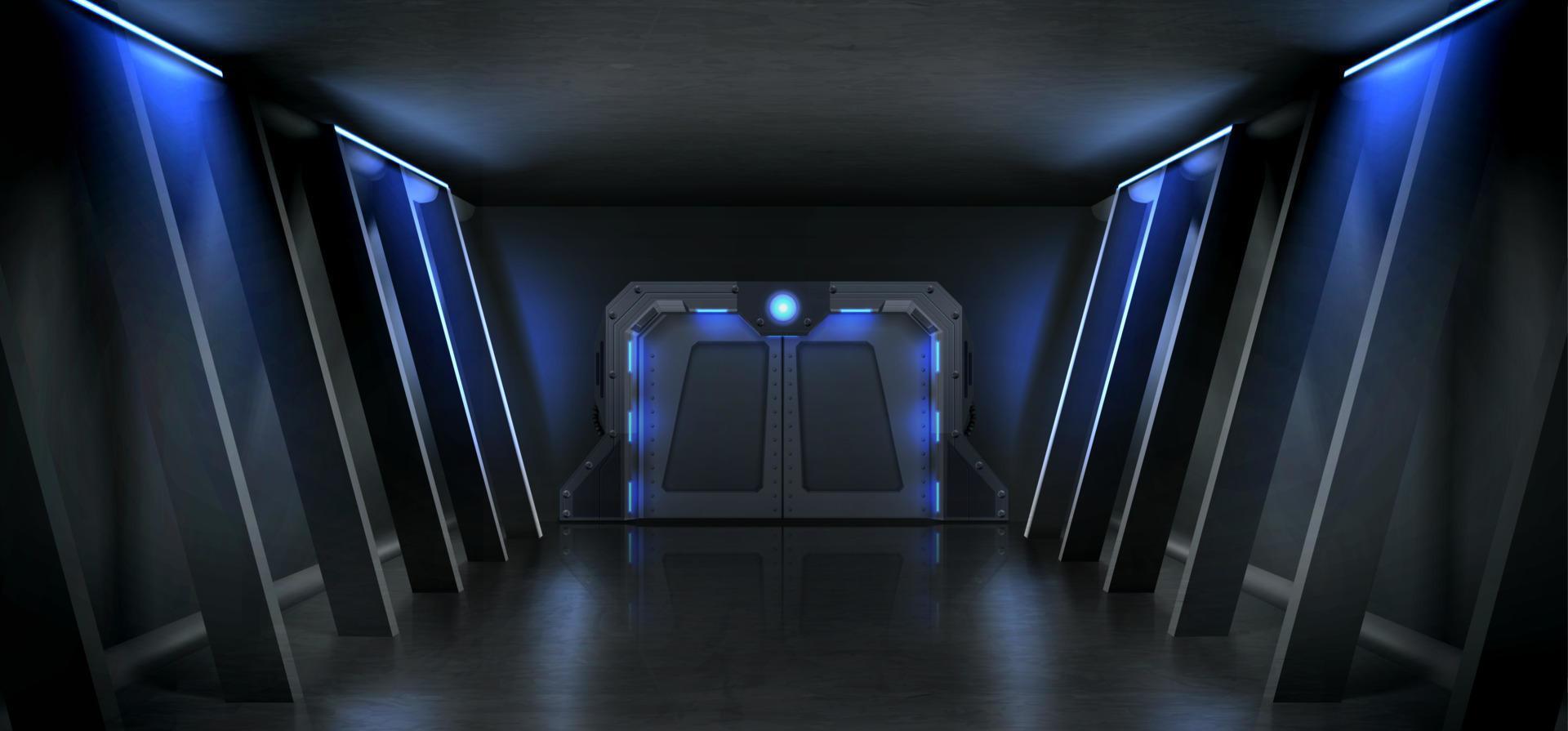 Dark hall with metal door and blue illumination vector