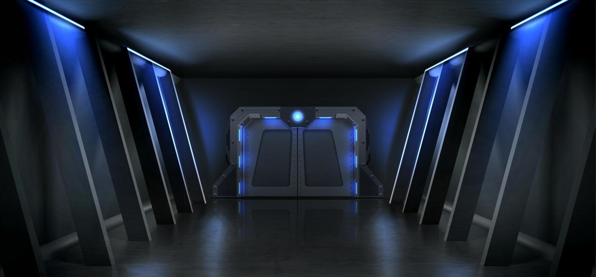 Dark hall with metal door and blue illumination vector