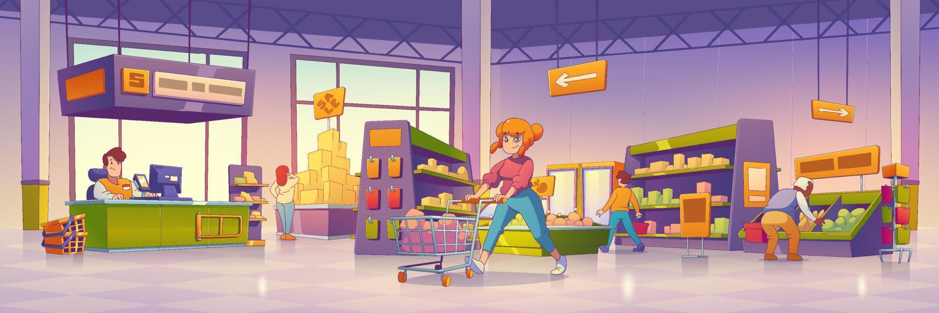 supermercado con clientes, estantes con comida vector