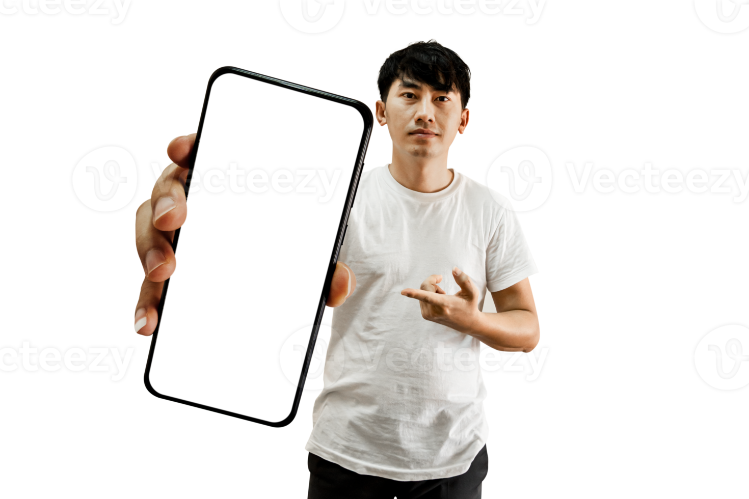 Asian Man Hand Pointing At Empty White Smartphone Screen png