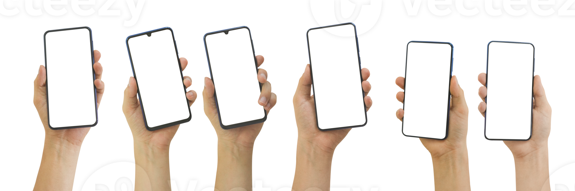 Set of Hand holding mobile phone with blank transparent screen and background- PNG format.