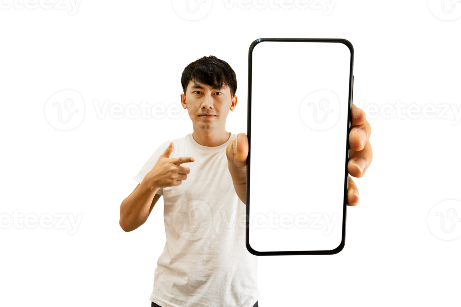 Asian Man Hand Pointing At Empty White Smartphone Screen png