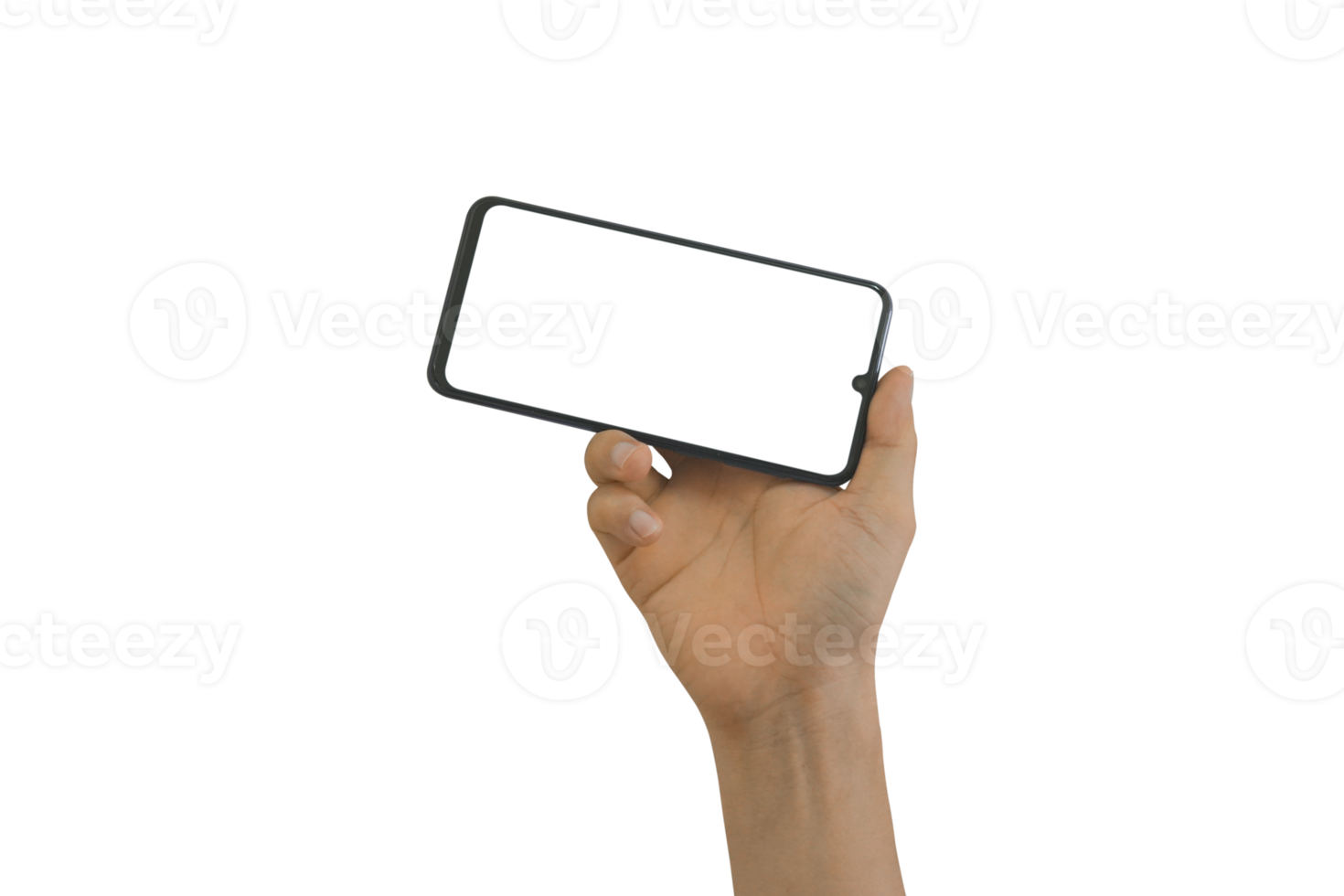 Hand holding mobile phone with blank transparent screen and background- PNG format.