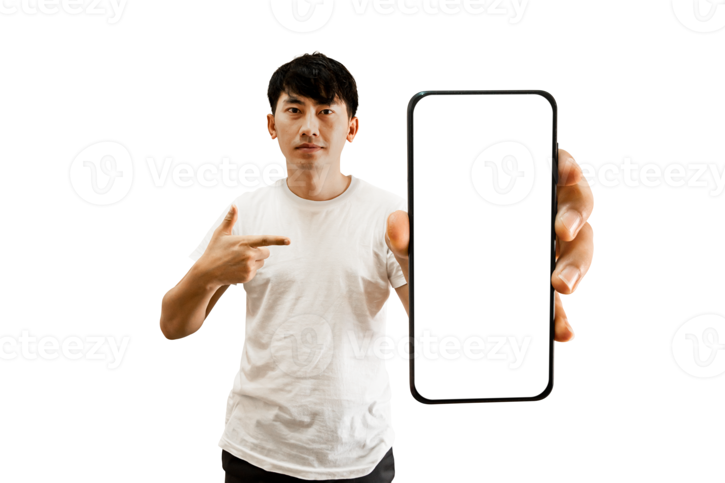 Asian Man Hand Pointing At Empty White Smartphone Screen png