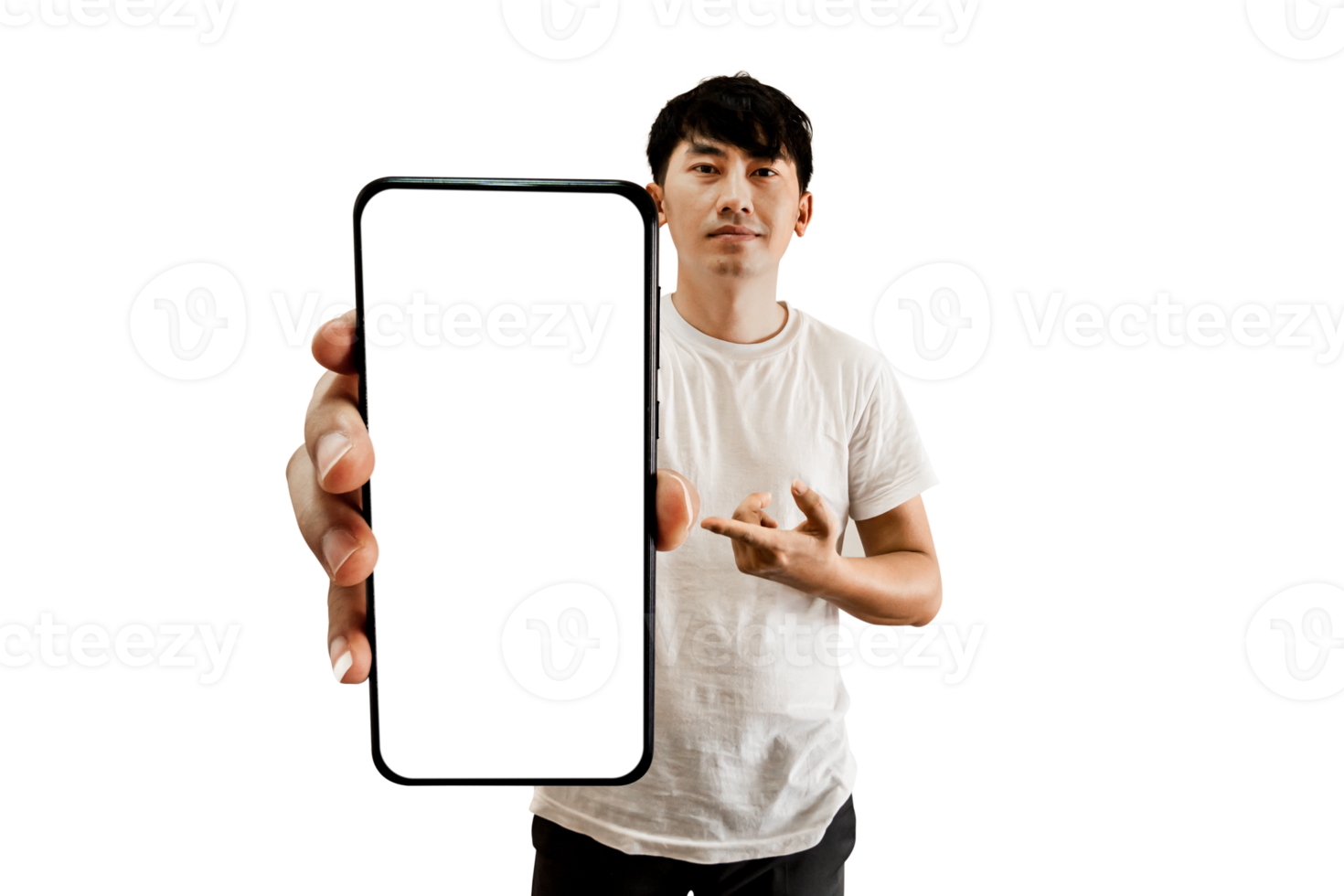 Asian Man Hand Pointing At Empty White Smartphone Screen png